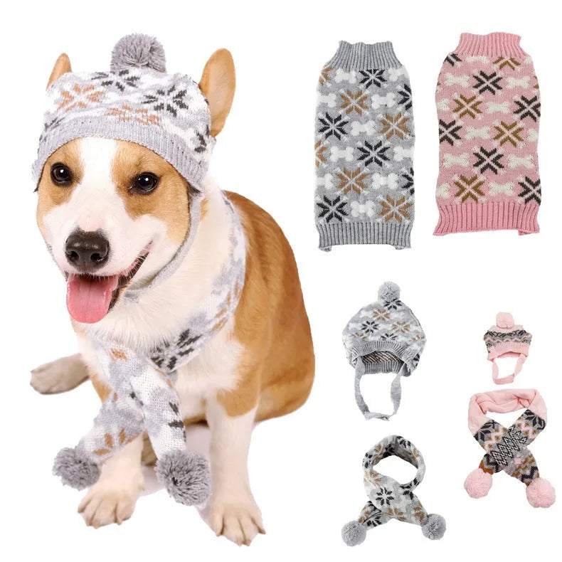 Japanese-style retro jacquard pet sweater and matching scarf hat set in pink or grey colours