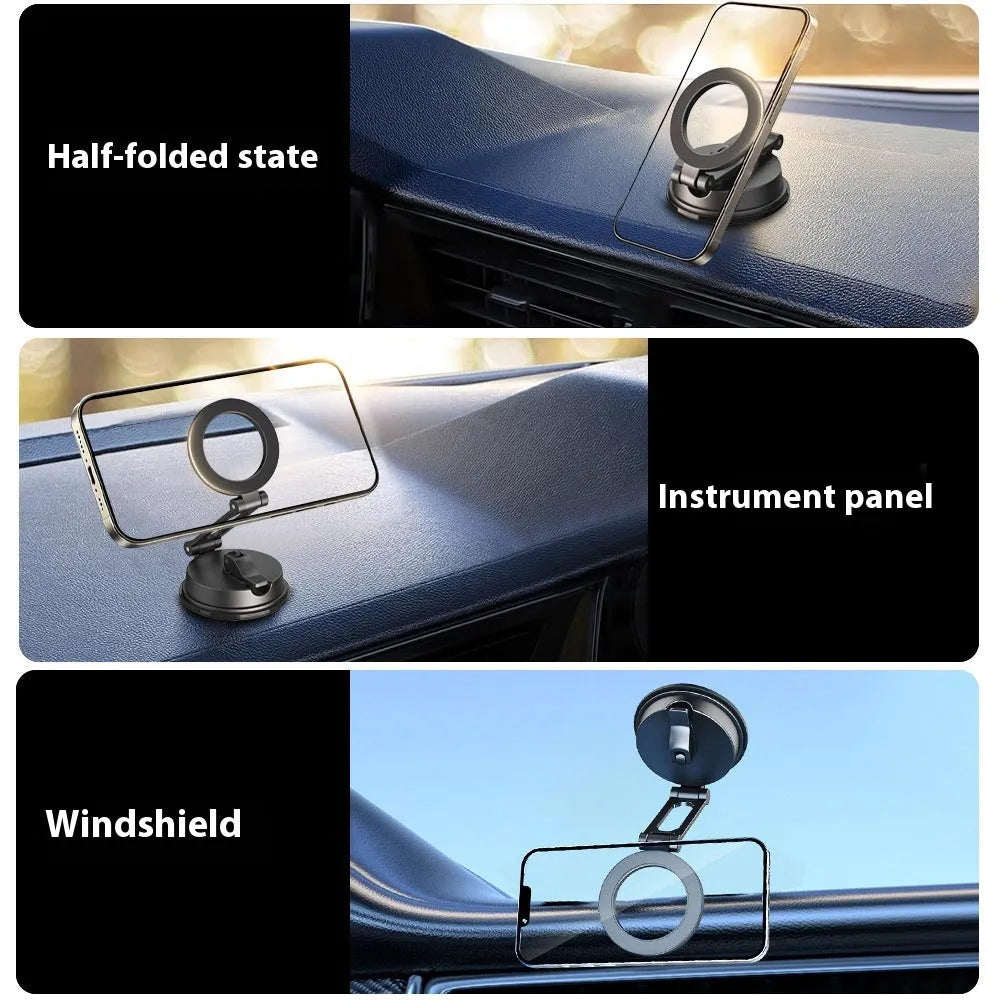 Black H154 car magnetic phone holder with suction cup mount on a car dashboard.