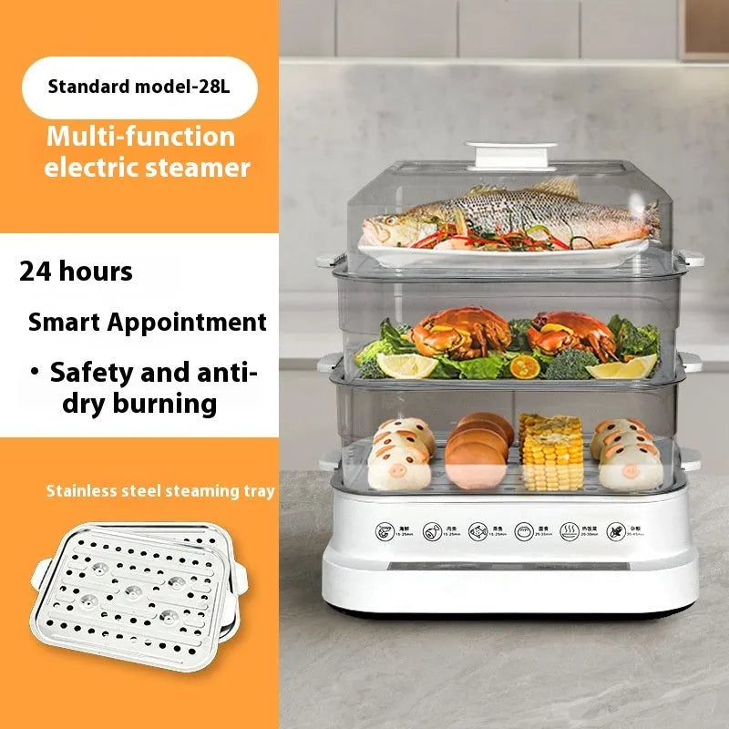28L electric kitchen steamer with stainless steel racking and cooking integration function