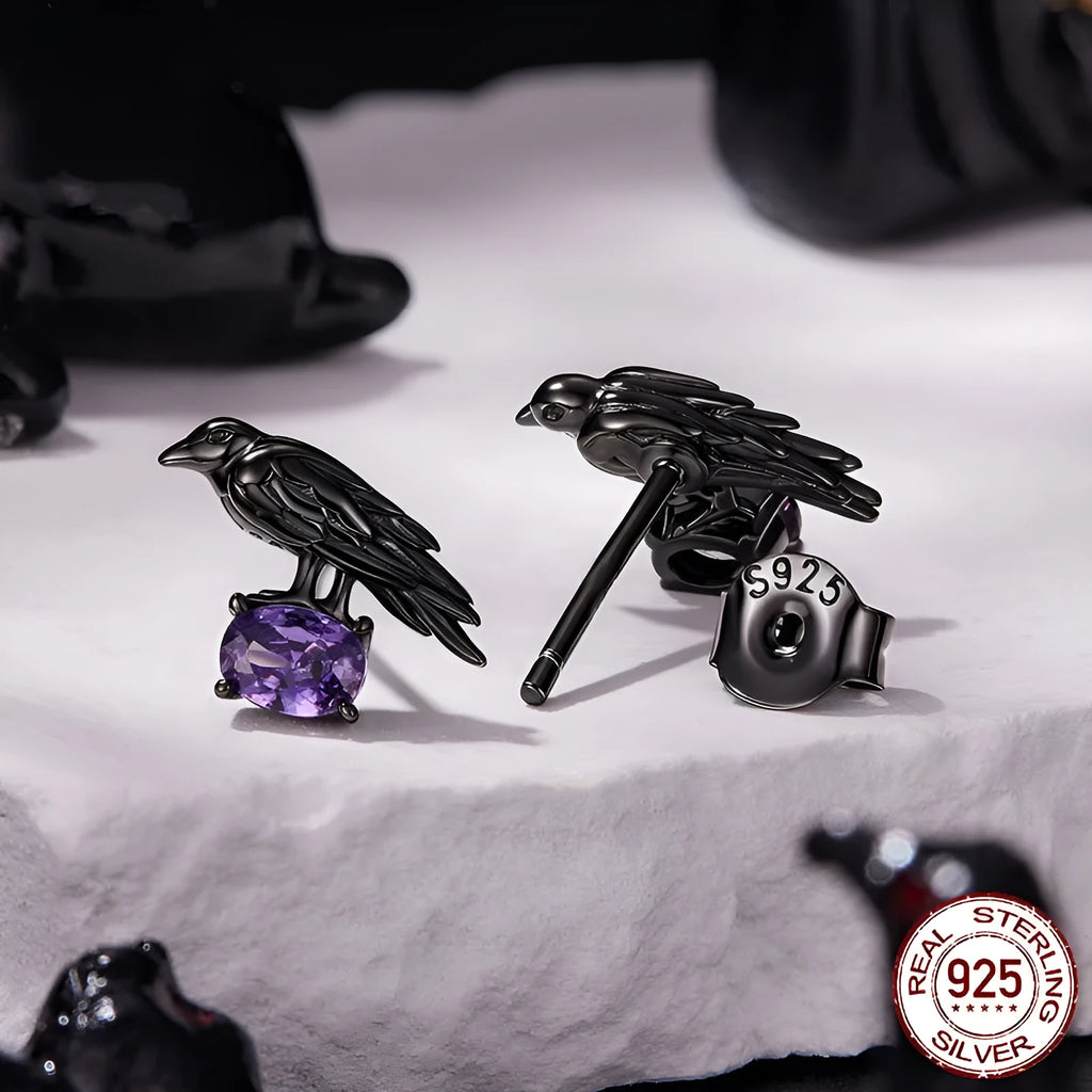 Halloween dark style crow stud earrings in S925 sterling silver with black electroplating for women