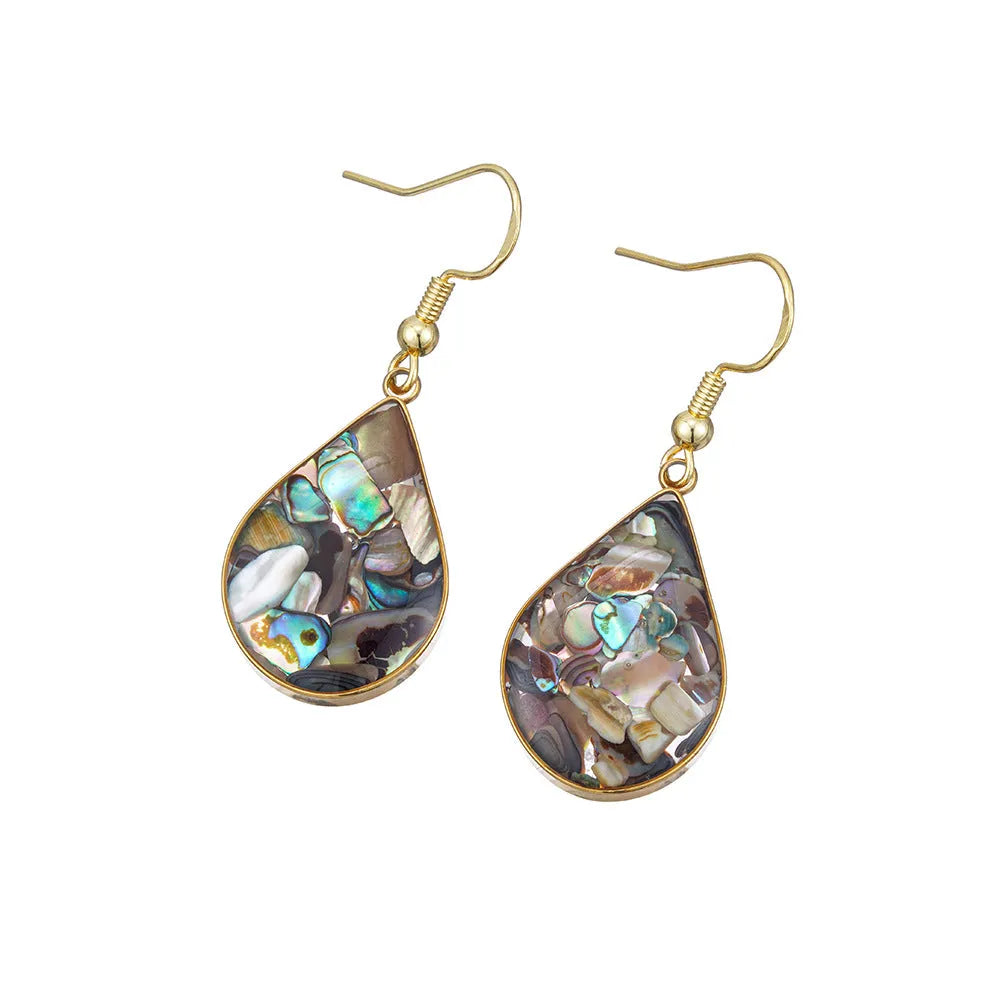 French retro teardrop abalone and shellfish earrings in gold 18K plating on white background