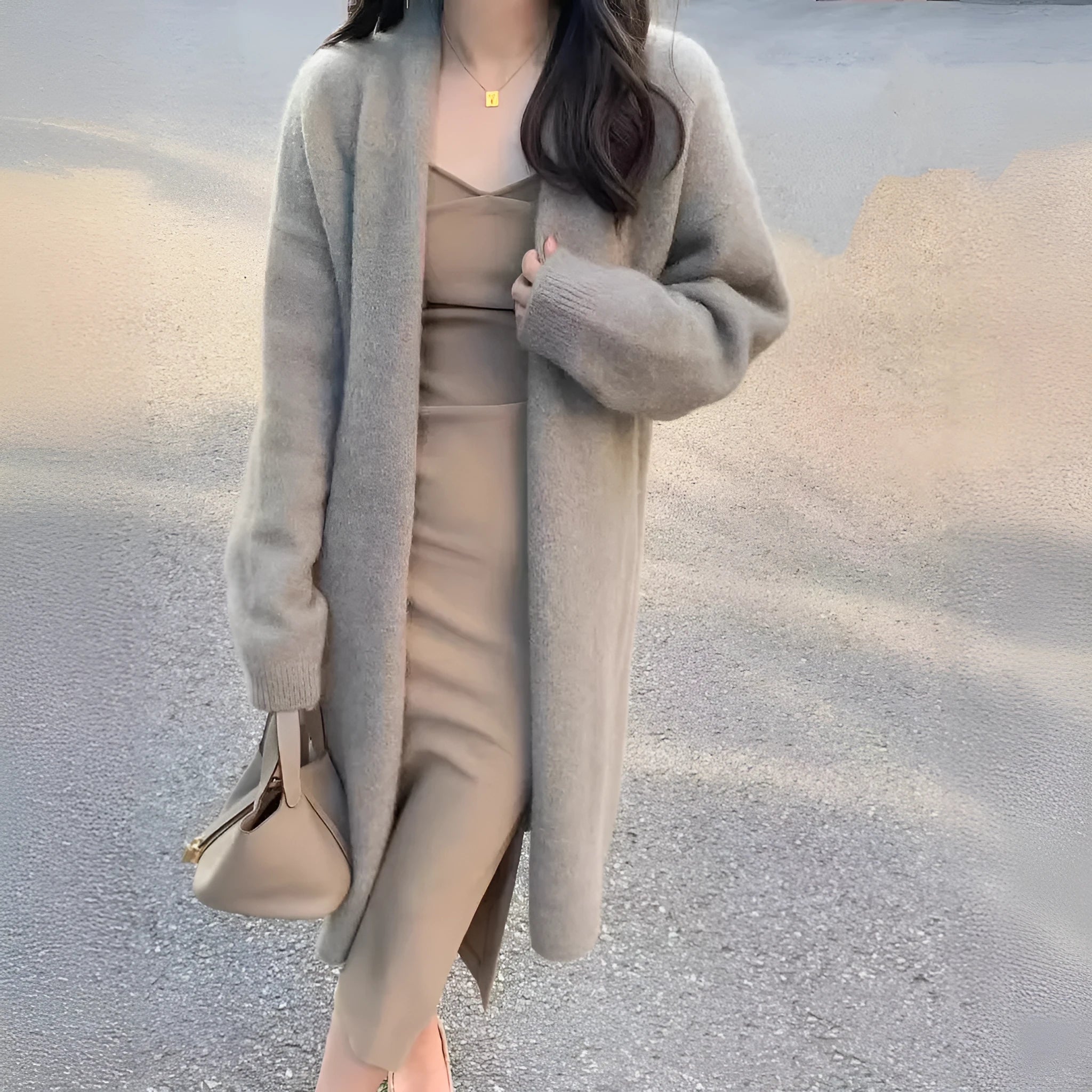A woman wearing a khaki, mid-length, knitted V-neck cardigan with long sleeves.