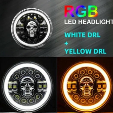 7-inch round off-road turn light with skull head design, aviation aluminium housing, and IP68 rating