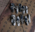 Heavy industry night blue artificial nails with 3D rose and tulip designs, showing sizes XS, S, M, L.