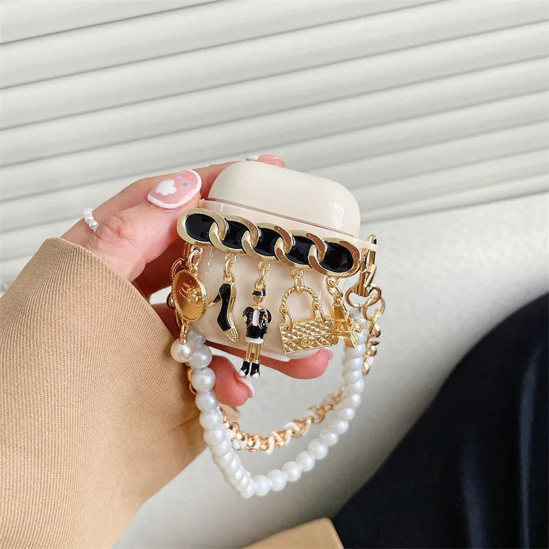 Off-white silicone AirPods case with pearl charm, five-piece set