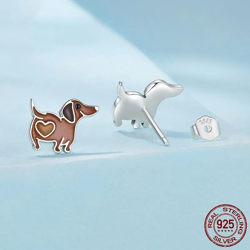 S925 sterling silver sausage dog drop earrings in SCE1929 colour with dripping oil finish, supplied as a pair for women