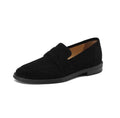 Women's suede leather flat loafers in black or brown, slip-on retro style with low heel under 3cm and top pigskin lining.