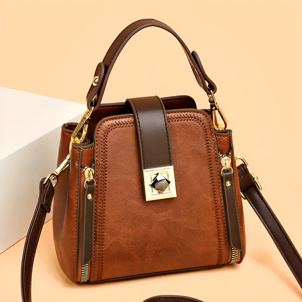 Women's retro soft leather-textured PU shoulder crossbody handbag in brown with sandwich pocket and mobile phone pocket