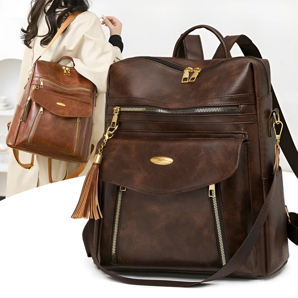 Crossbody casual ladies backpack in brown PU with sewing thread design and phone pocket