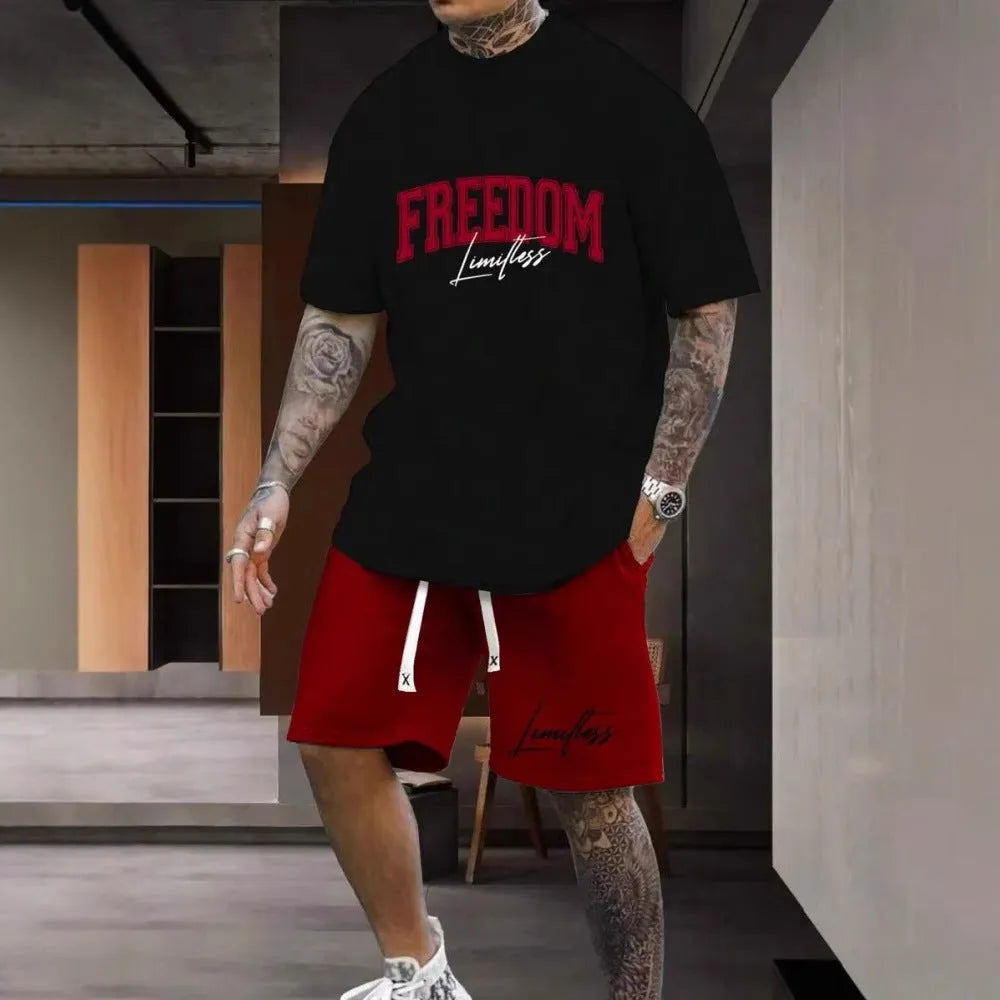 Men's 3D printed personality letter matching suit set with short sleeve top and shorts in polyester fabric