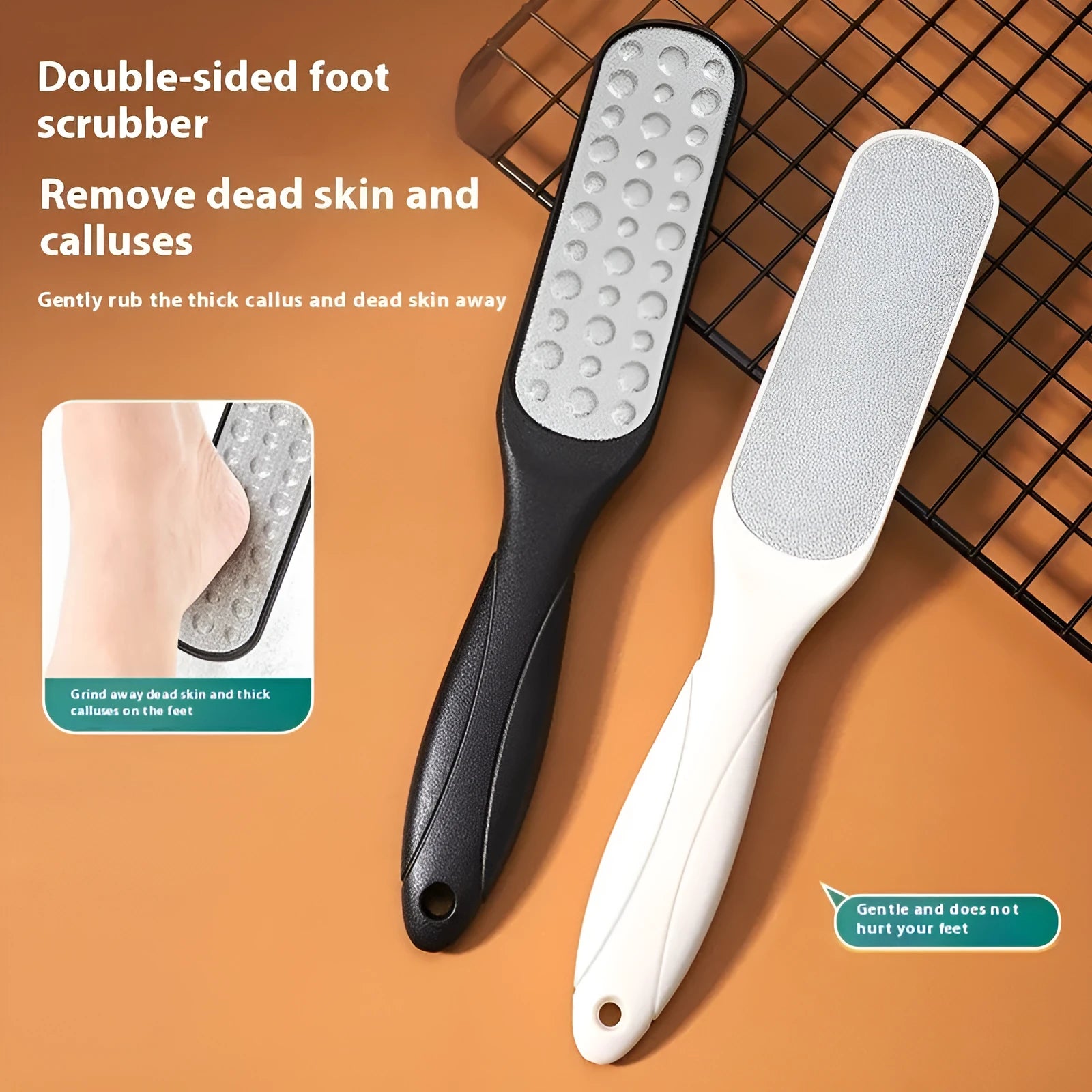 Stainless steel double-sided foot grinder tool with white and black abrasive units for manual foot care.