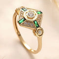 Square ins style women's ring with a lvzuan gemstone on a geometric electroplated band.