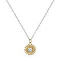 Geometric sunflower daisy pendant necklace on a silver cross chain, adjustable length.