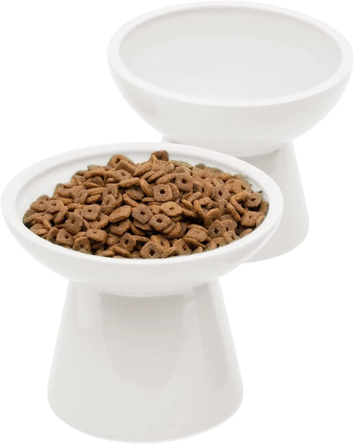 Blue elevated ceramic cat bowl with wide shallow dish for food or water.