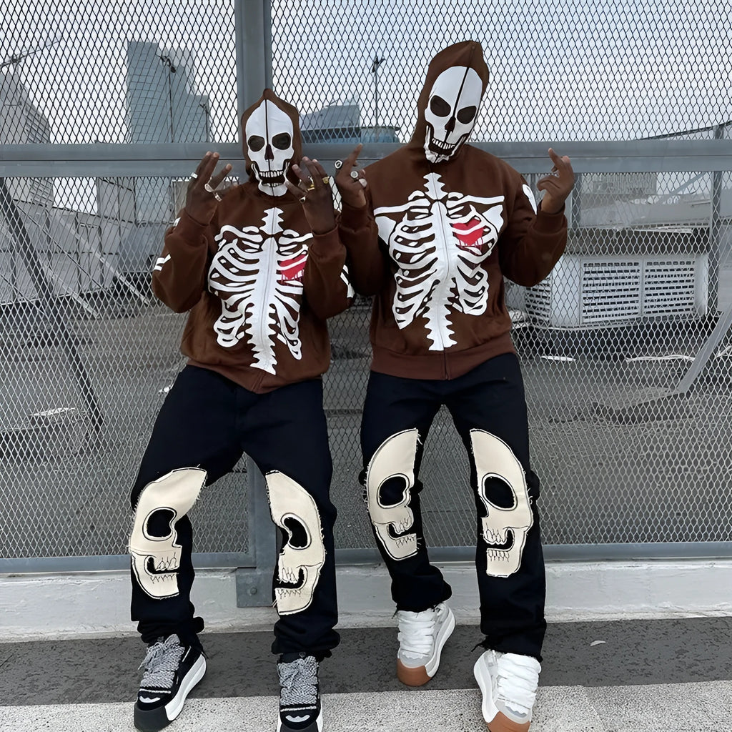 Y2K crew neck skeleton sweater coat cardigan in black, loose fit, polyester fabric