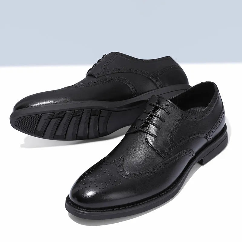 Men's black and brown brogue business shoes with traditional perforated detailing on PU leather upper