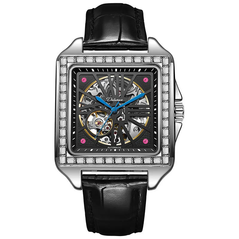 Square diamond-studded automatic watch for men in business style with black or white options