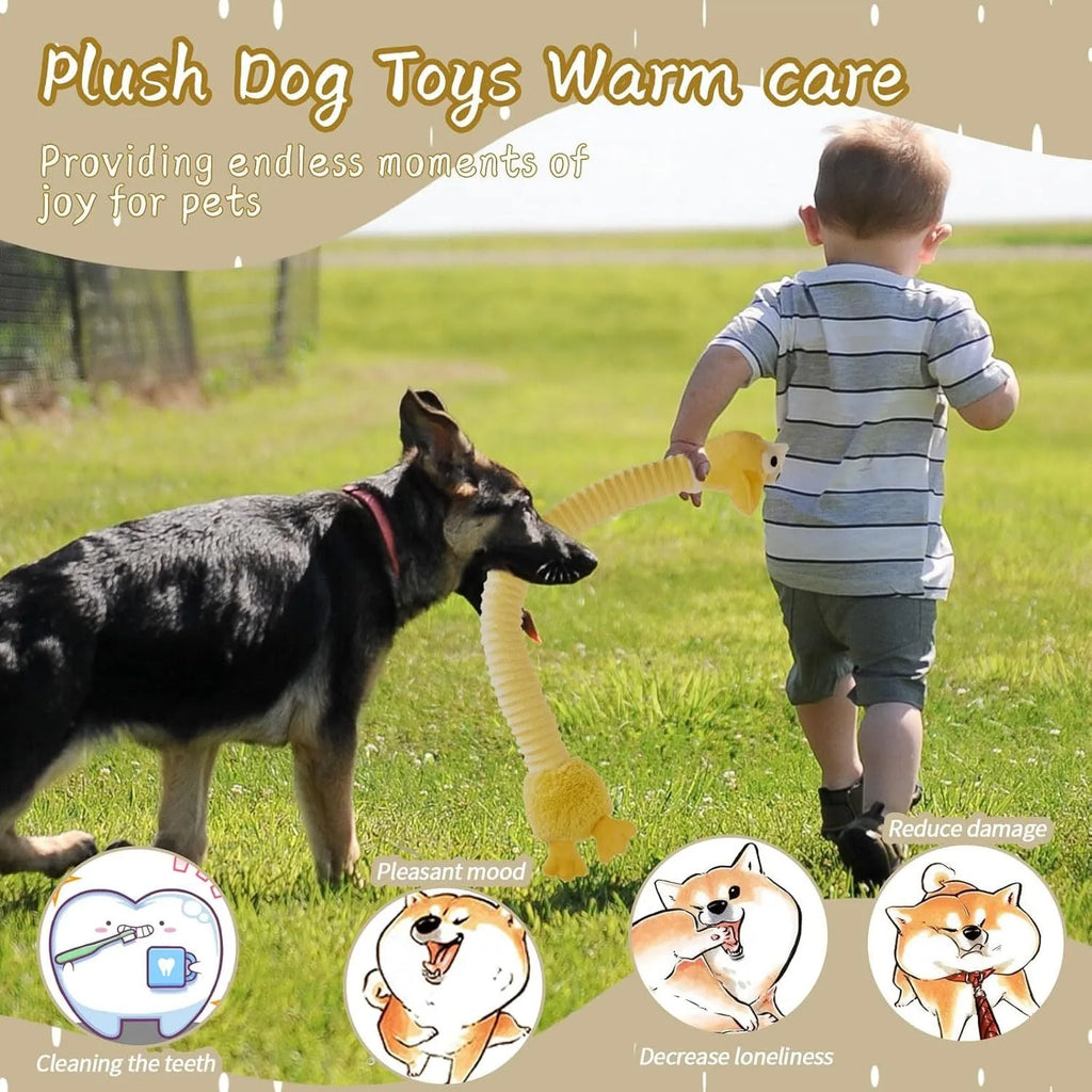 Foldable plush dog toy in brown, grey, or yellow with squeaker and crinkle sounds
