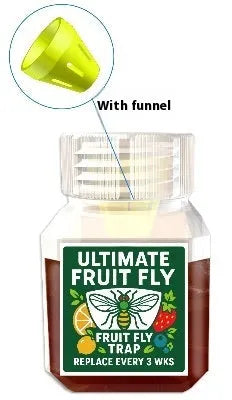 Bottle of SK003 fruit fly trapper bait liquid showing funnel and no-funnel options