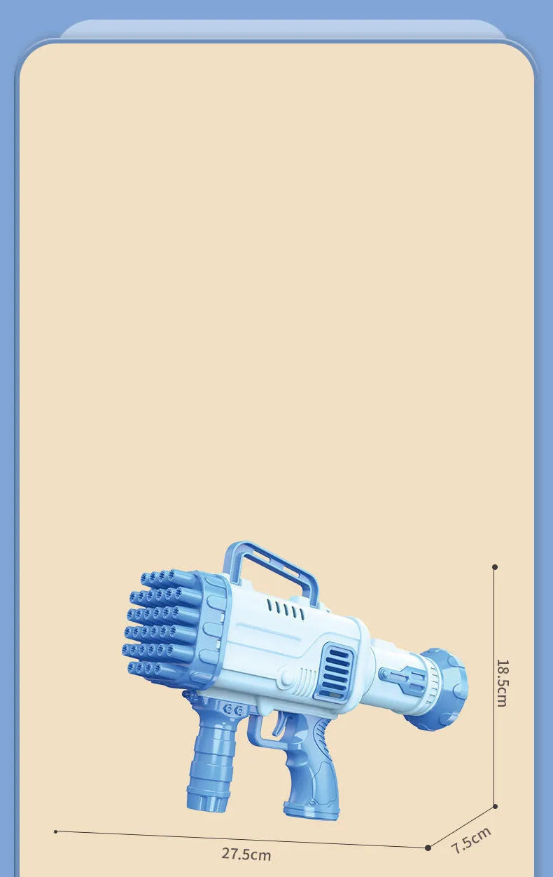32-hole electric bazooka-style bubble gun toy in cherry pink colour with colourful lights illuminated.