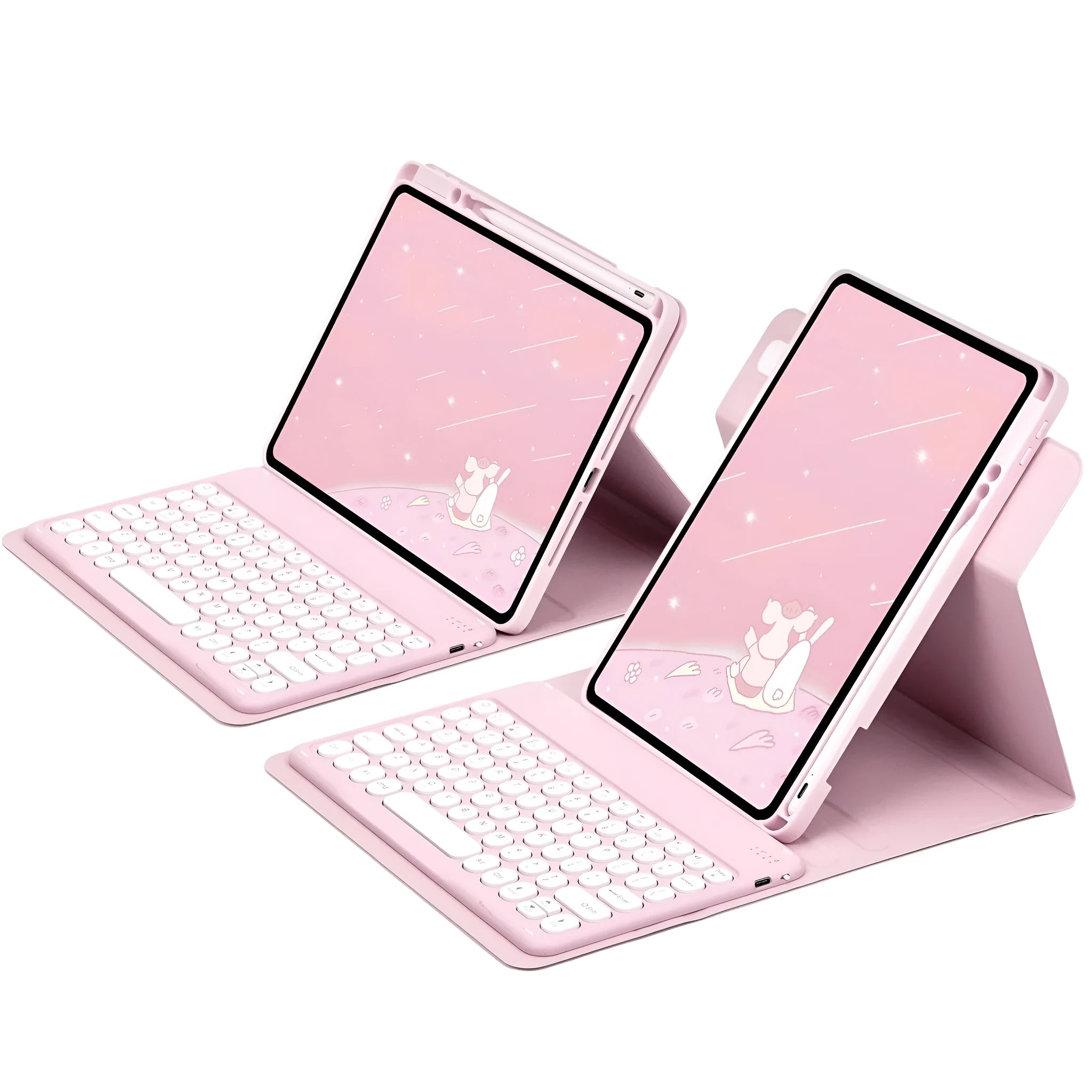 Acrylic rotating Bluetooth keyboard case with pen slot for iPad in black, showing keyboard and protective cover