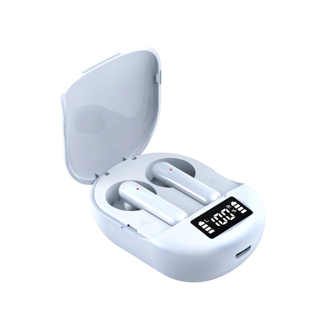 Black or white wireless Bluetooth headset with charging bin showing digital display screen