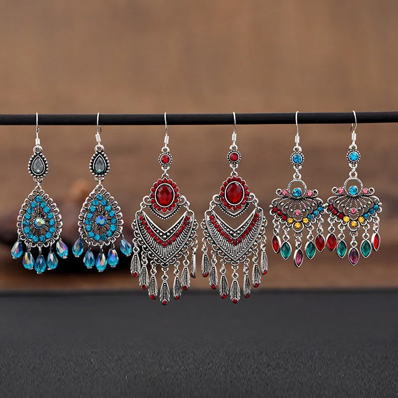 Purple retro court crystal long fringe drop earrings with ethnic style alloy construction