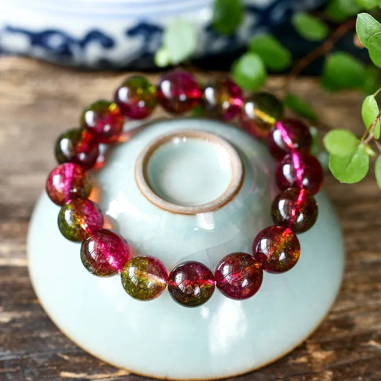Handmade women's watermelon crystal bracelet in pastoral style showing size options