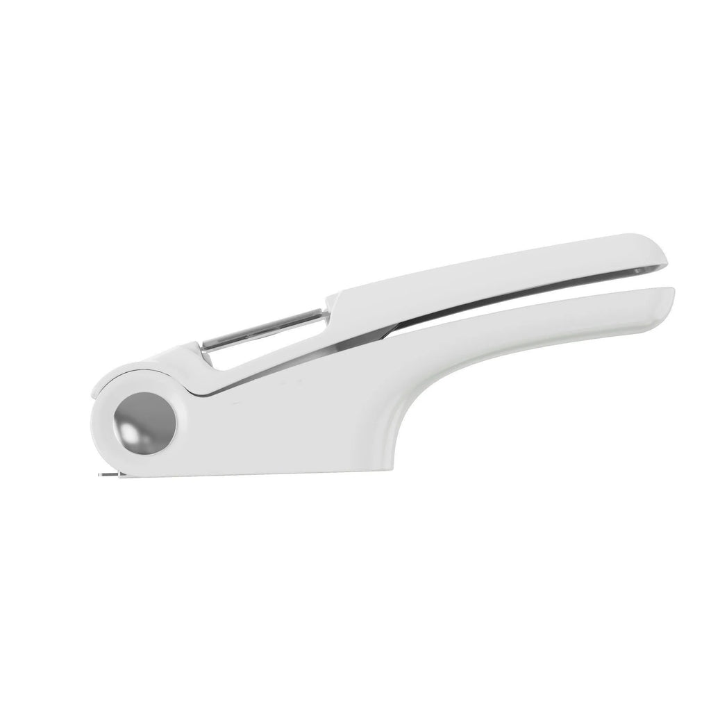 Manual garlic press in white, green, or orange with ABS and stainless steel construction