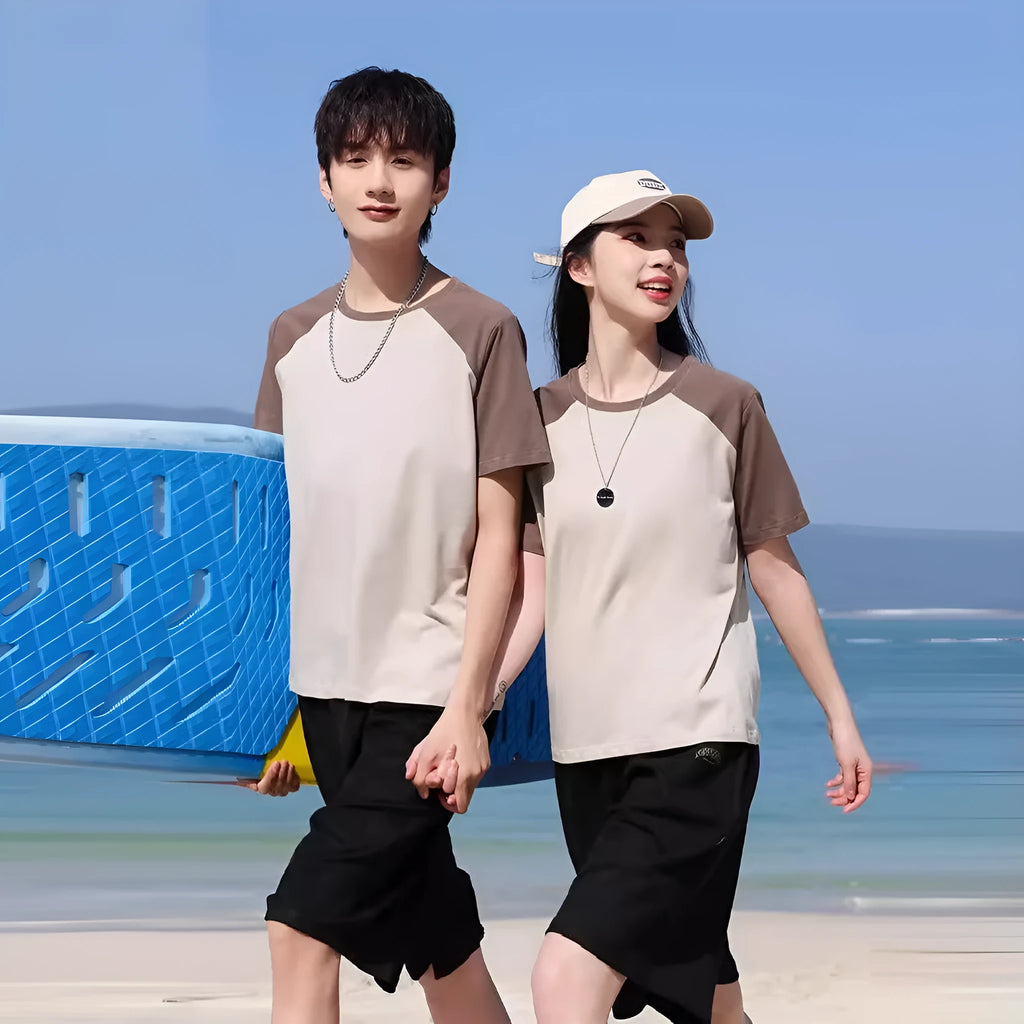 Round neck loose fit cotton blend t-shirt in army green colour on a hanger.