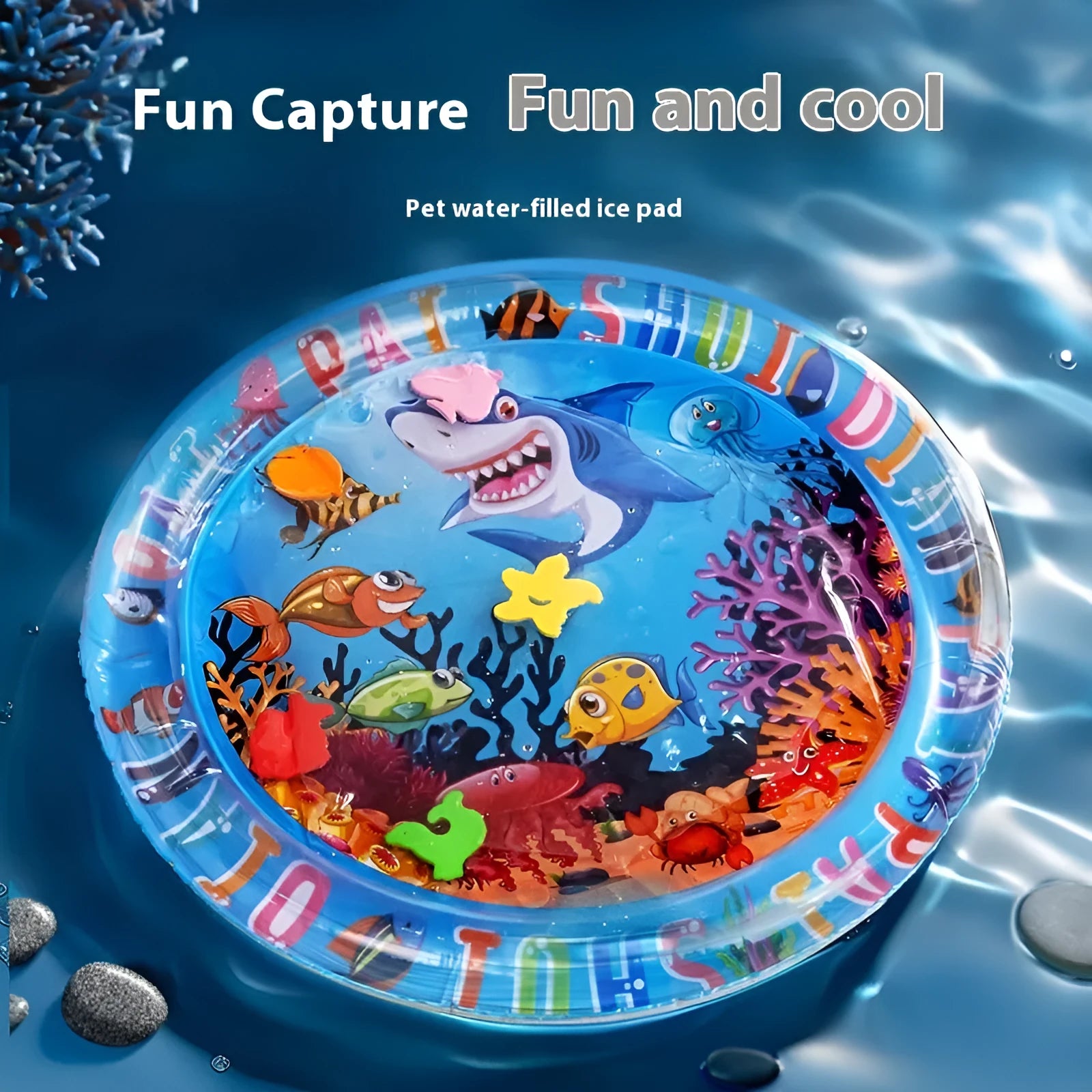Inflatable blue pet cooling water mat with dolphin print, filled with water for a dog or cat.