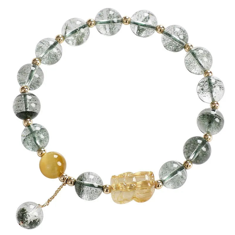 Green phantom quartz crystal bracelet with gold rutilated strands and 8mm geometric beads