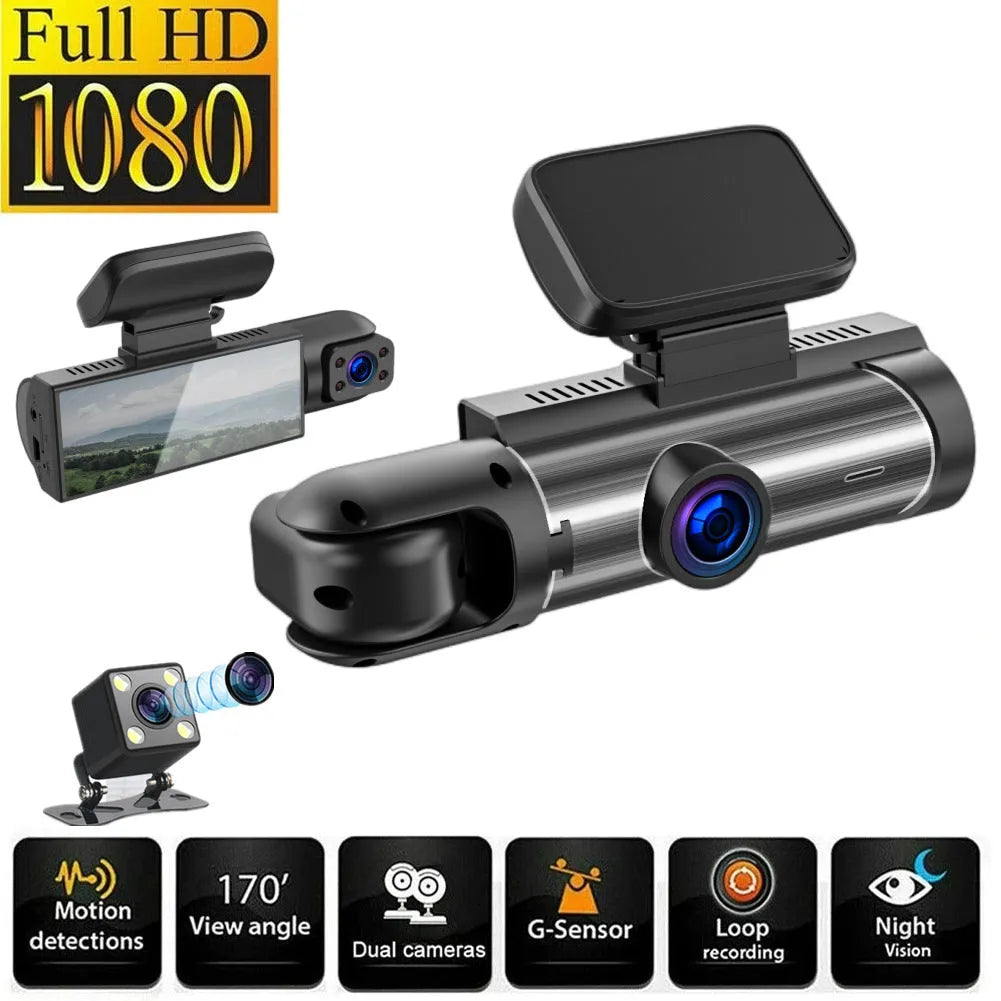 Dual-lens HD driving recorder with 3.5-inch screen mounted on car dashboard