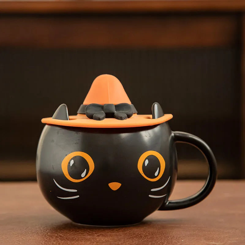 Black ceramic mug with cat-shaped pumpkin lid and spoon, 355ml capacity