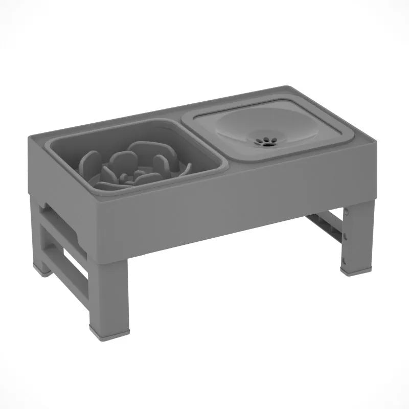 Adjustable height elevated dog bowl stand with slow feeder and water bowl in black