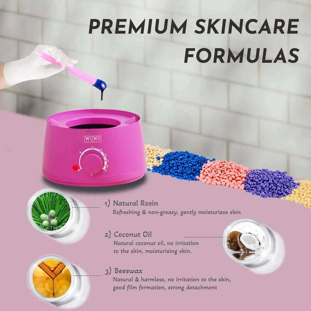 Professional waxing kit with black wax warmer, pots of hard wax beans, applicator sticks, post-care lotion, and ice masks.
