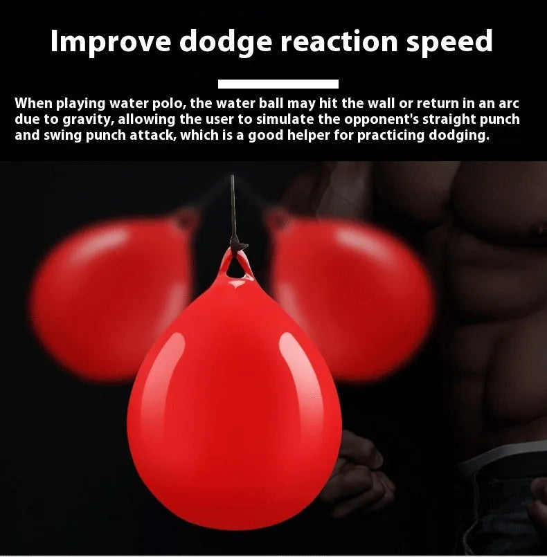 Red water-filled PVC boxing reaction ball with hook rope attachment for martial arts training