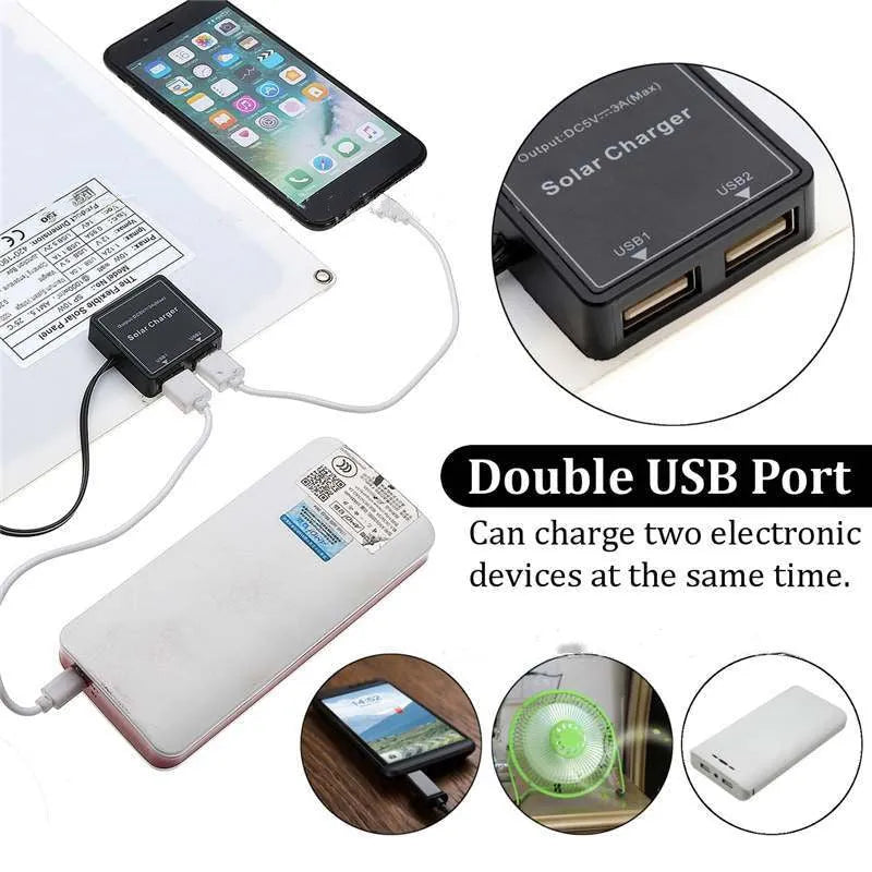 Polysilicon solar panel charger with dual USB ports for outdoor device charging.