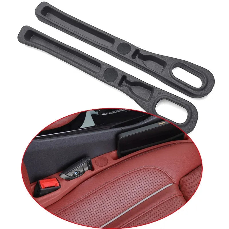 Car seat gap filler storage box with leak-proof plug strips in black, made from EVA, with roller and handle