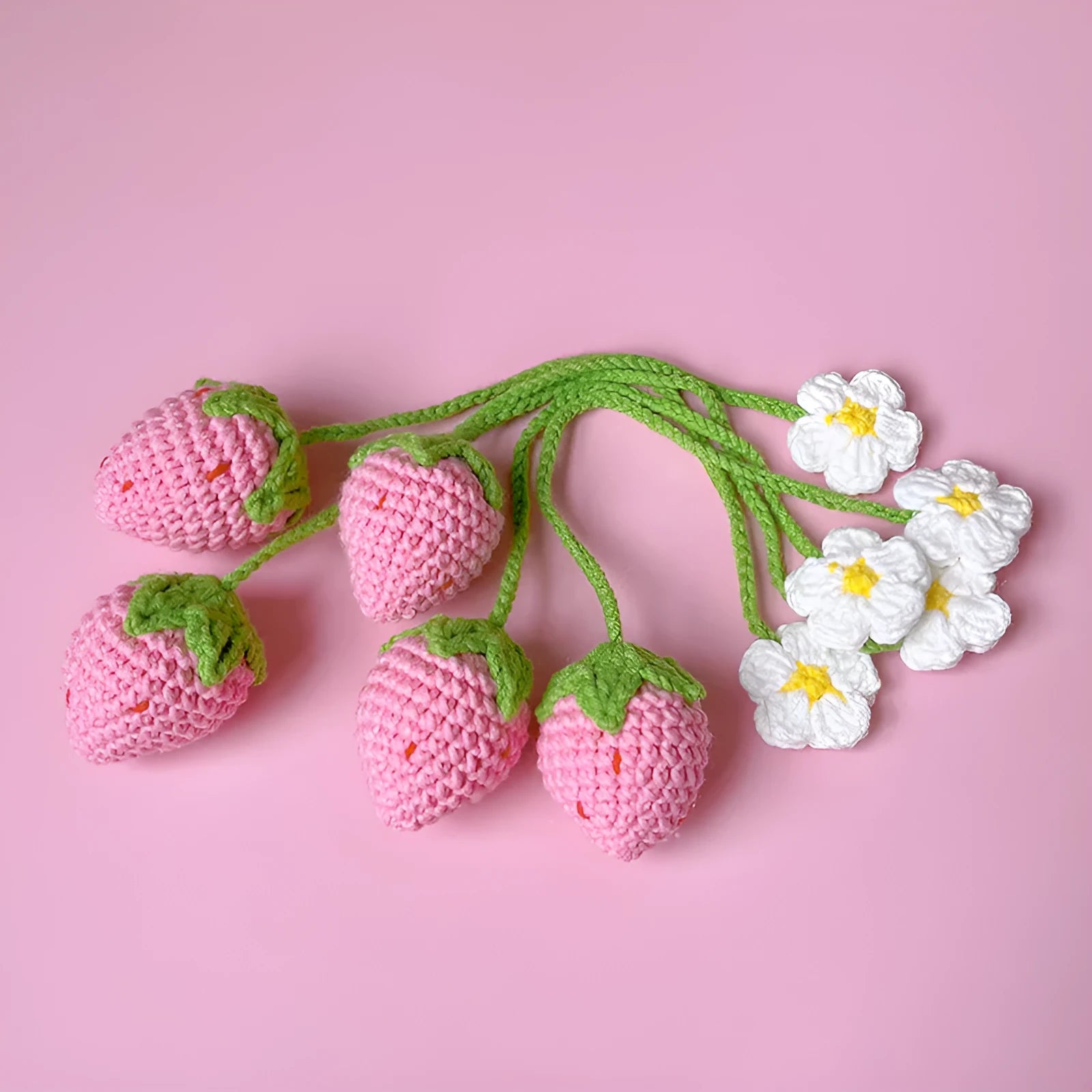 Handmade wool crochet woven strawberry pendant on 35cm chain in pink colour