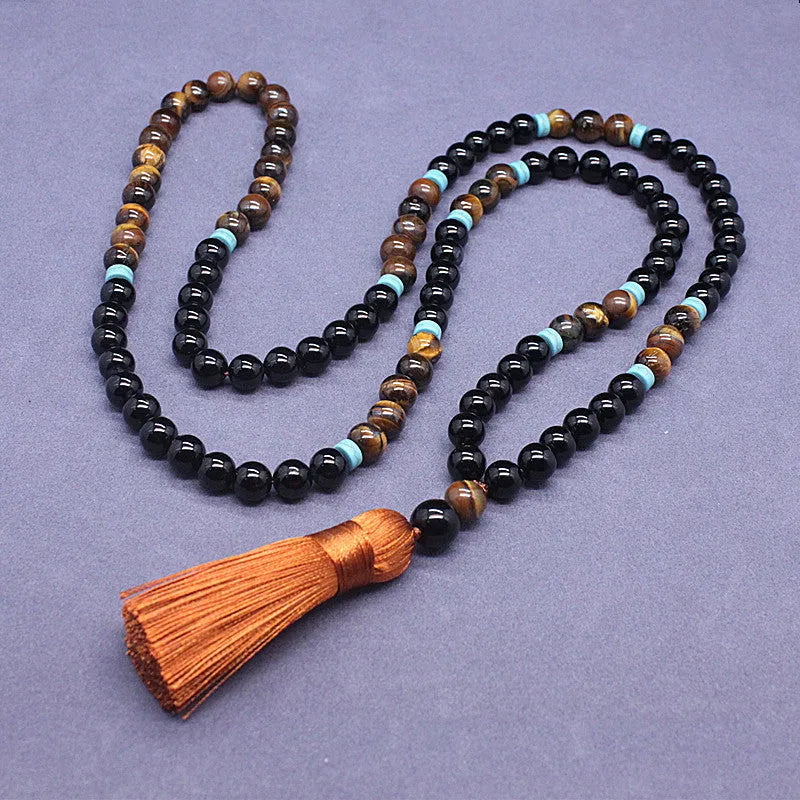 Black agate bracelet and tiger eye necklace set with geometric bead design