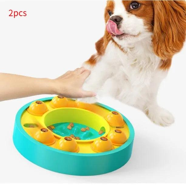 Blue and green interactive dog puzzle feeder bowl with central column and food turntable on a non-slip base