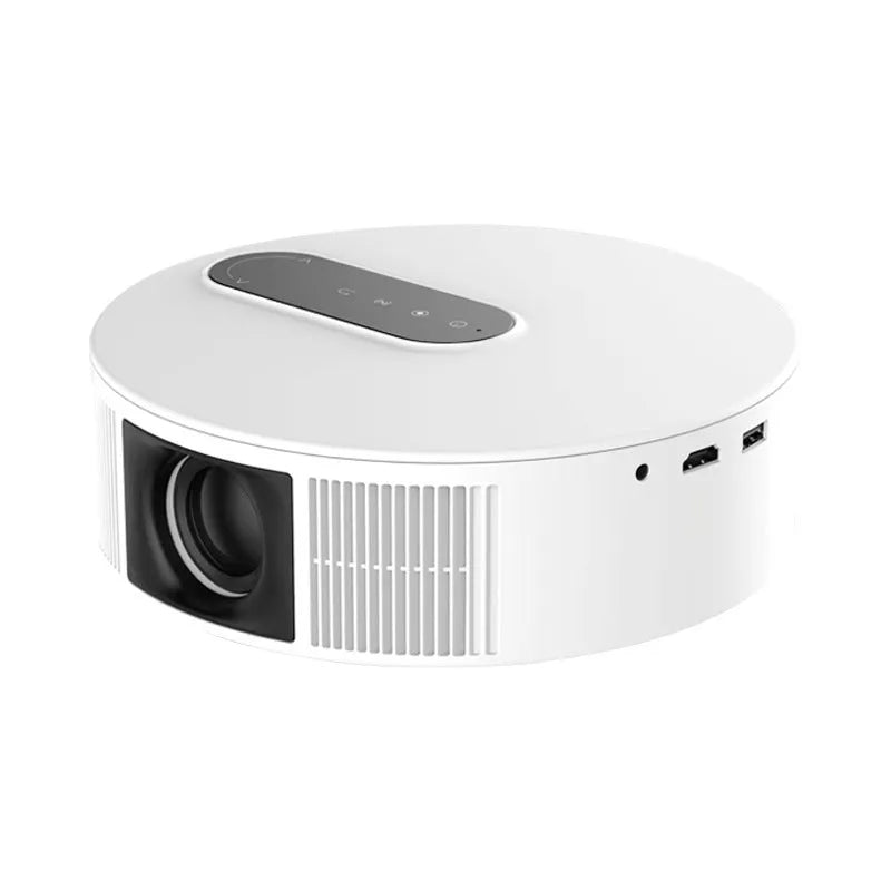 White HD projector with remote control on stand showing 720p resolution display