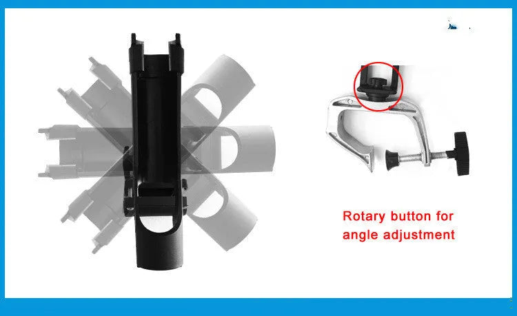 Black plastic fishing rod holder with aluminium G clamp mount, 360 degree adjustable, 250 x 250 x 100mm
