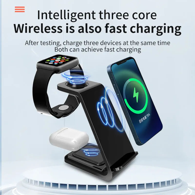 White upright wireless charging stand holding a mobile phone in landscape orientation.