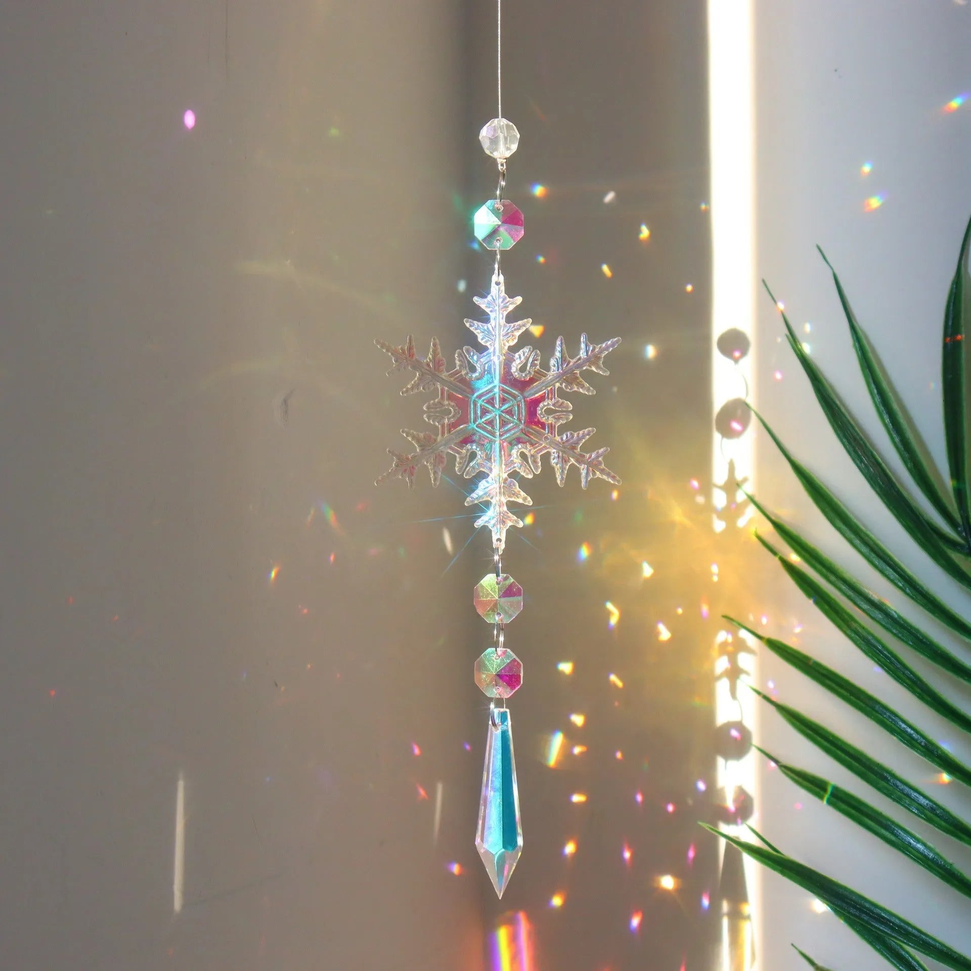 Four colourful AB snowflake crystal sun catcher pendants for Christmas tree and window decoration