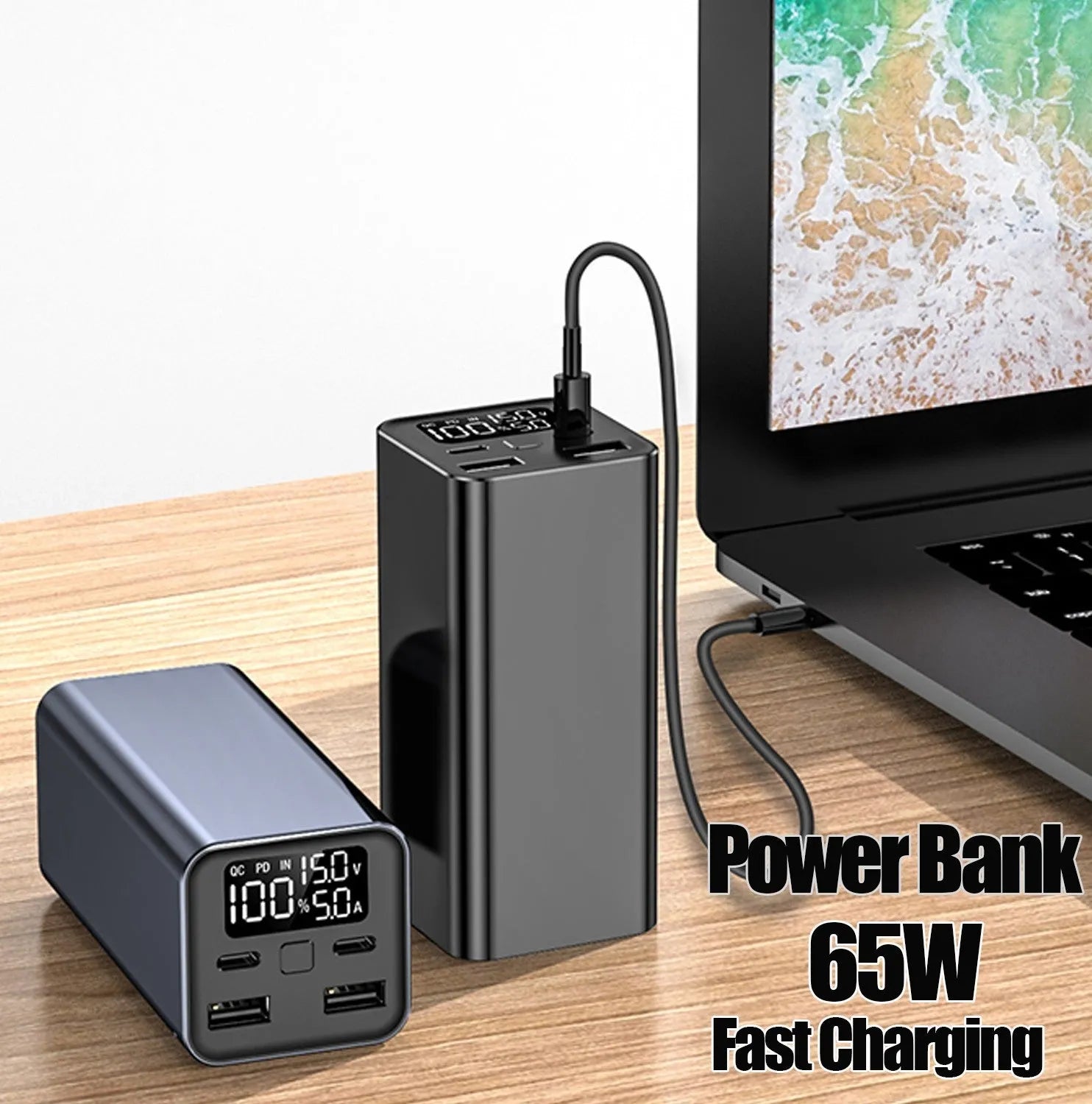 Black aluminium alloy 65W power bank with 20000mAh capacity for laptop charging, shown next to a charging cable.
