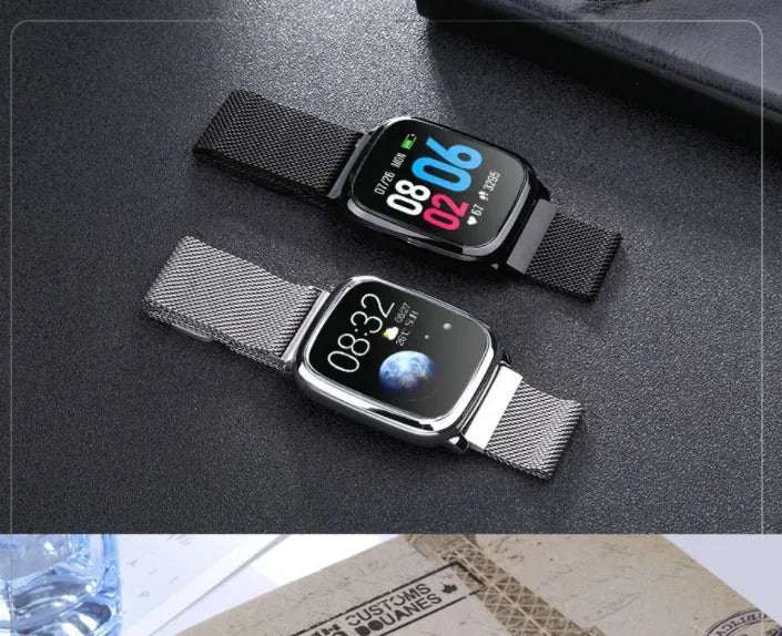 Black and silver smart pedometer watch with temperature display on 1.3-inch screen.
