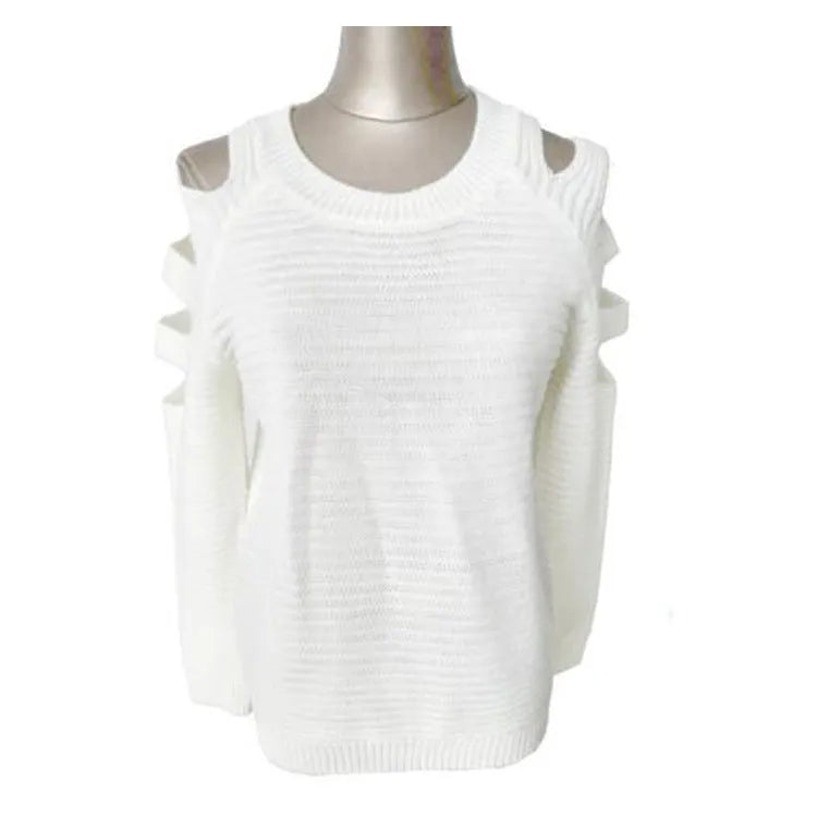 Women's grey knitted shirt with hollow-out crochet pattern, round neck and long sleeves