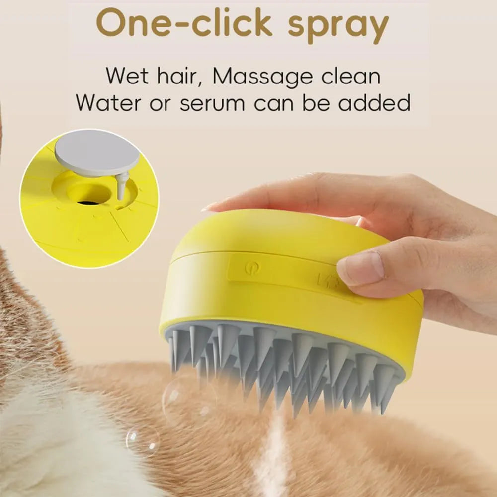 Green rechargeable cat steam brush with silicone bristles on a table.